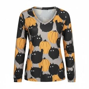 Noracora Womens Spooky Black Cat Pumpkin Halloween V-Neck Long Sleeve Top XXL